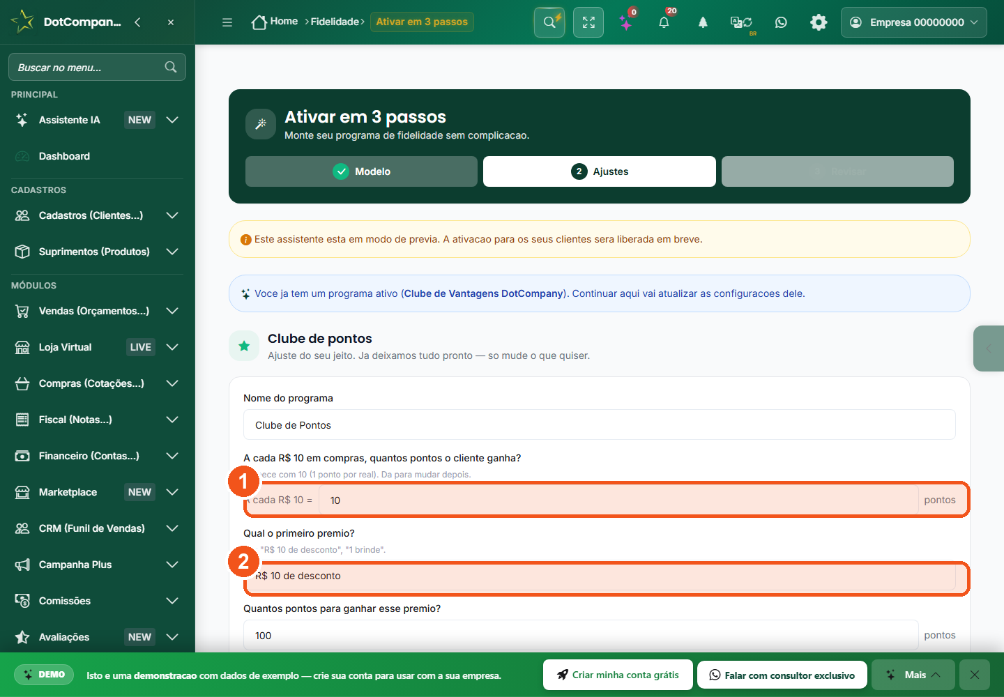 Passo 2 do assistente, personalizando nome, pontos por compra e prêmio