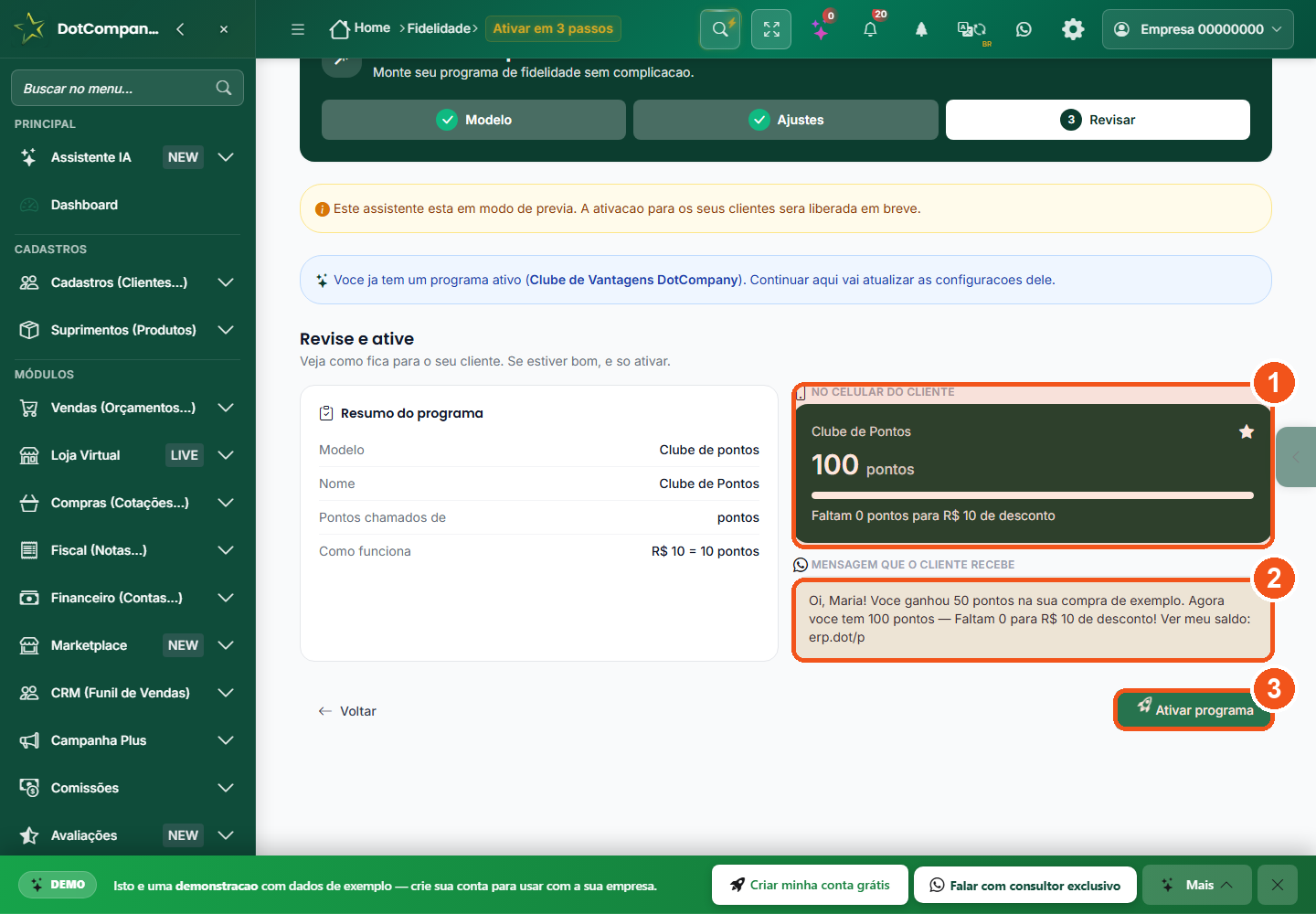 Passo 3 do assistente, com a prévia do cartão do cliente e da mensagem de WhatsApp