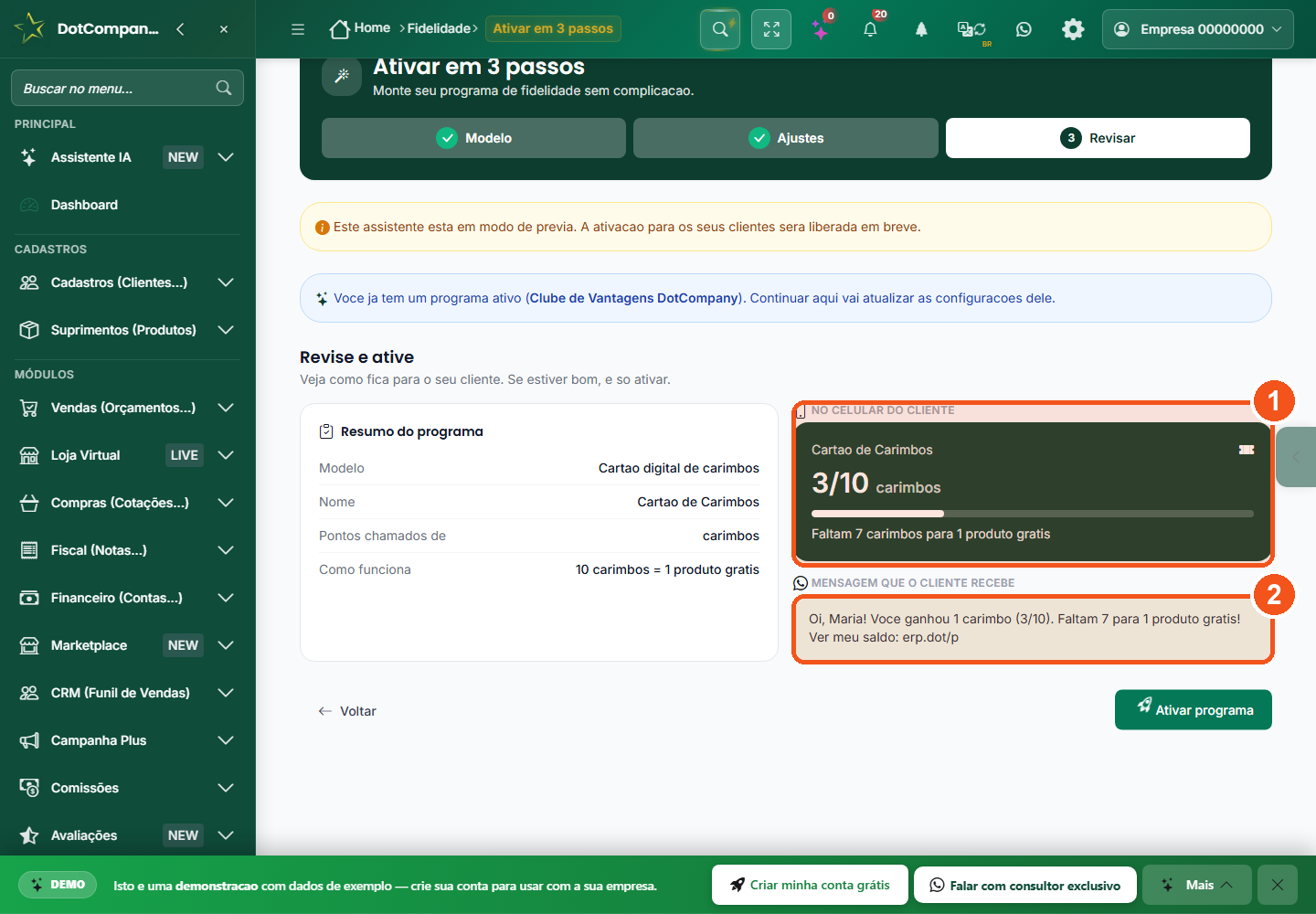 Prévia do cartão de carimbos, mostrando 3 de 10 carimbos e faltam 7 para o prêmio
