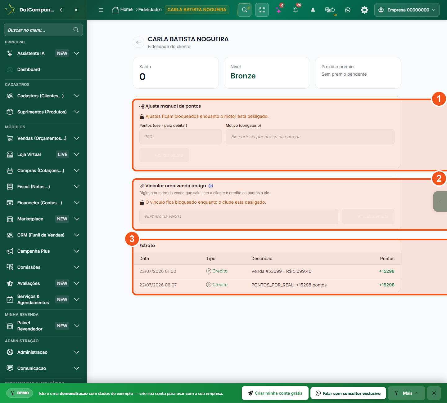 Ficha do membro com ajuste manual de pontos, vincular venda antiga e extrato