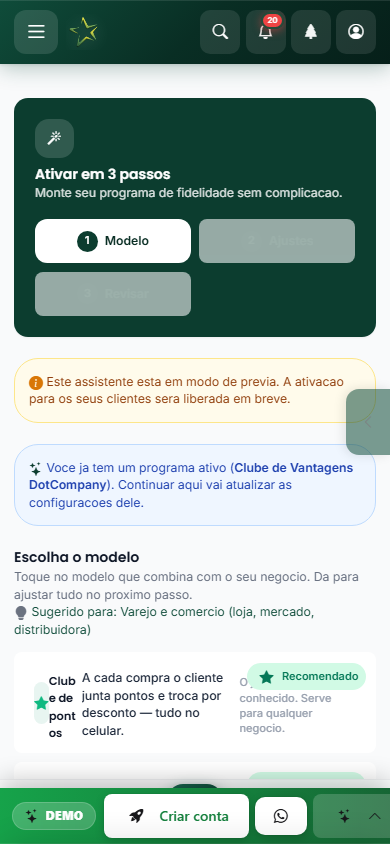 Assistente de ativação do clube no celular