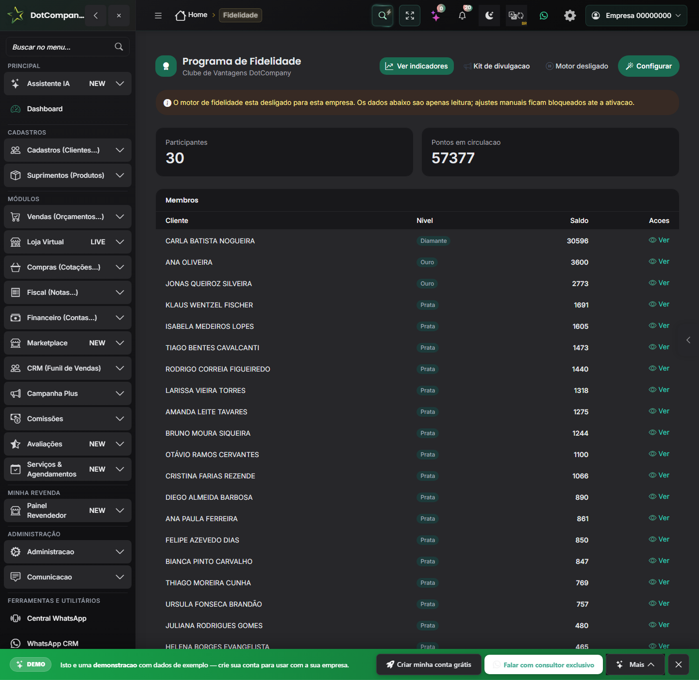 Indicadores do clube no modo escuro