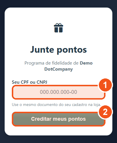 Página Junte pontos, no celular, pedindo o CPF ou CNPJ para creditar os pontos da compra