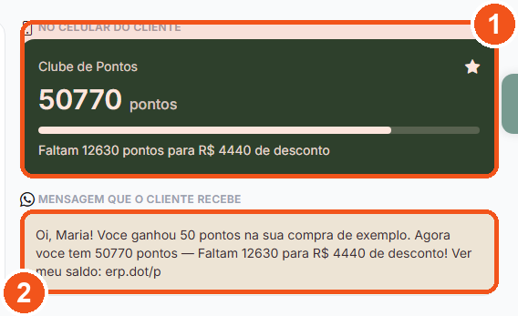 Prévia do cartão no celular do cliente e da mensagem de WhatsApp enviada automaticamente após a compra