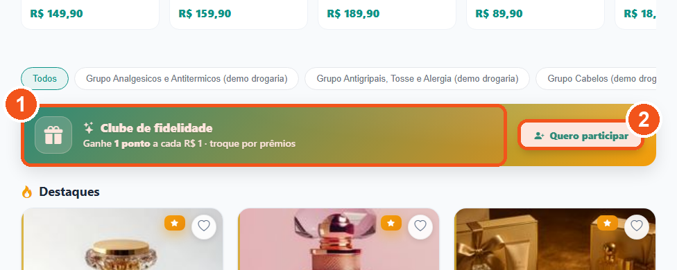 Página pública da loja virtual mostrando o bloco Clube de fidelidade com o botão Quero participar