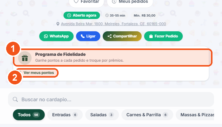 Cardápio digital público mostrando o bloco Programa de Fidelidade com o link Ver meus pontos