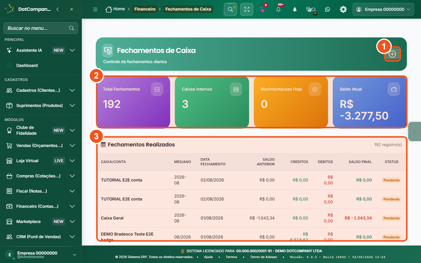 Tela Fechamentos de Caixa com os cartoes de resumo e a lista dos fechamentos ja realizados