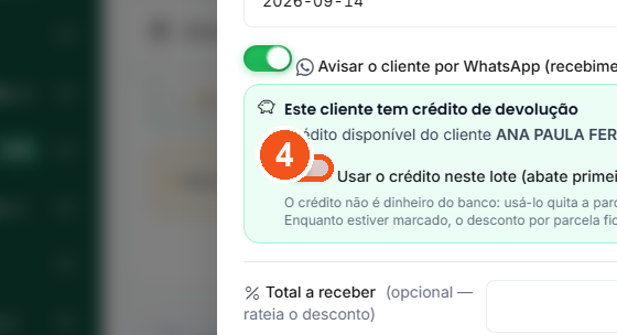 Apareceu o aviso de crédito? Marque Usar o crédito neste lote.