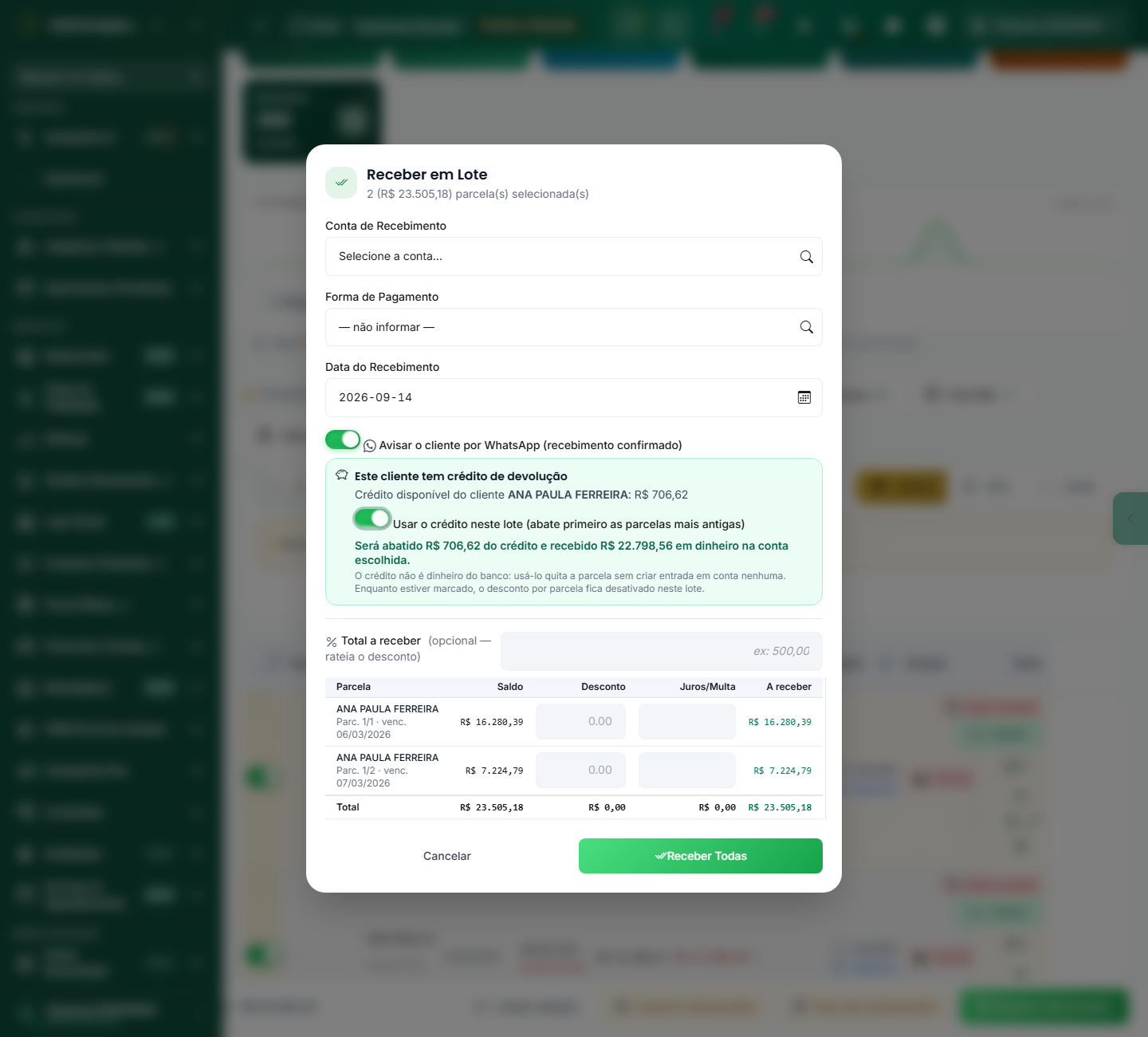 Receber em Lote com o crédito do cliente