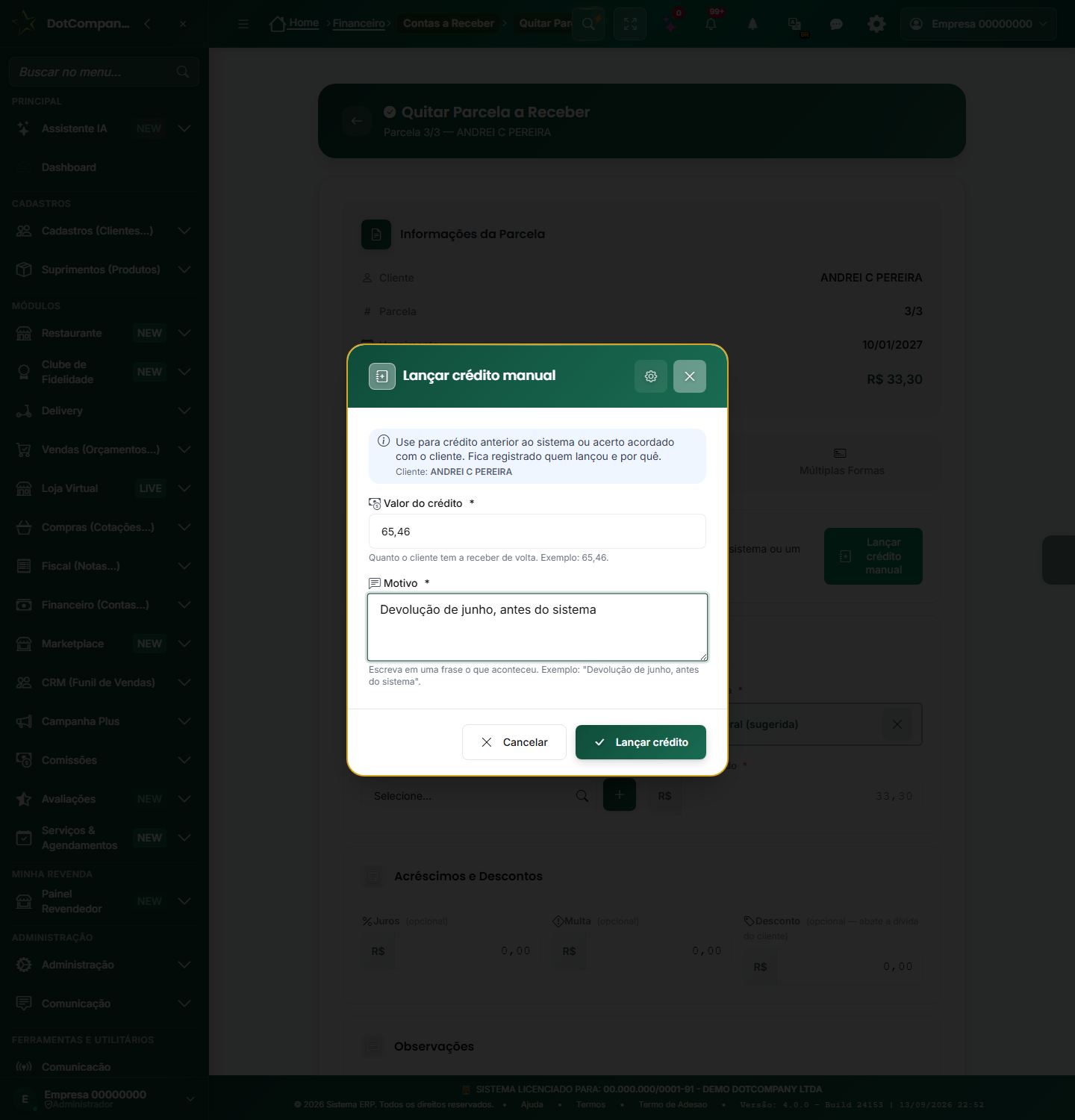 Tela de quitação com o botão Lançar crédito manual