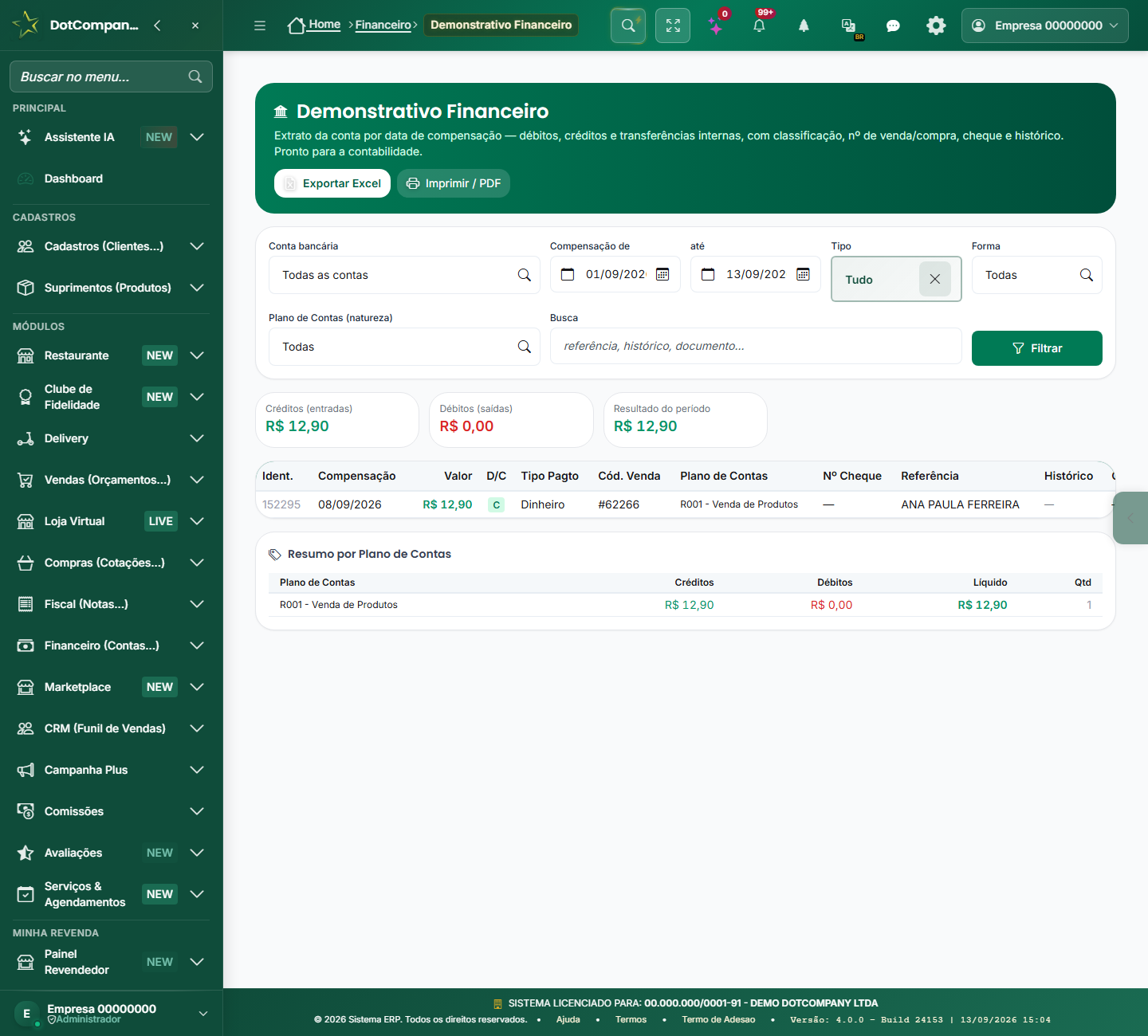 Demonstrativo Financeiro: filtros e totais