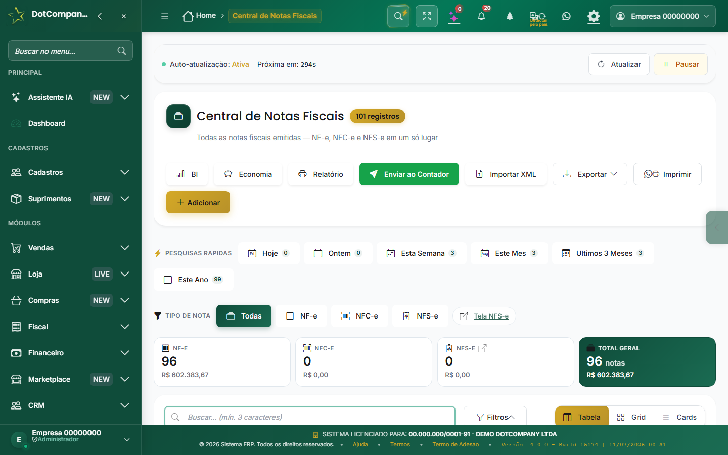 Central de Notas com a lista de documentos