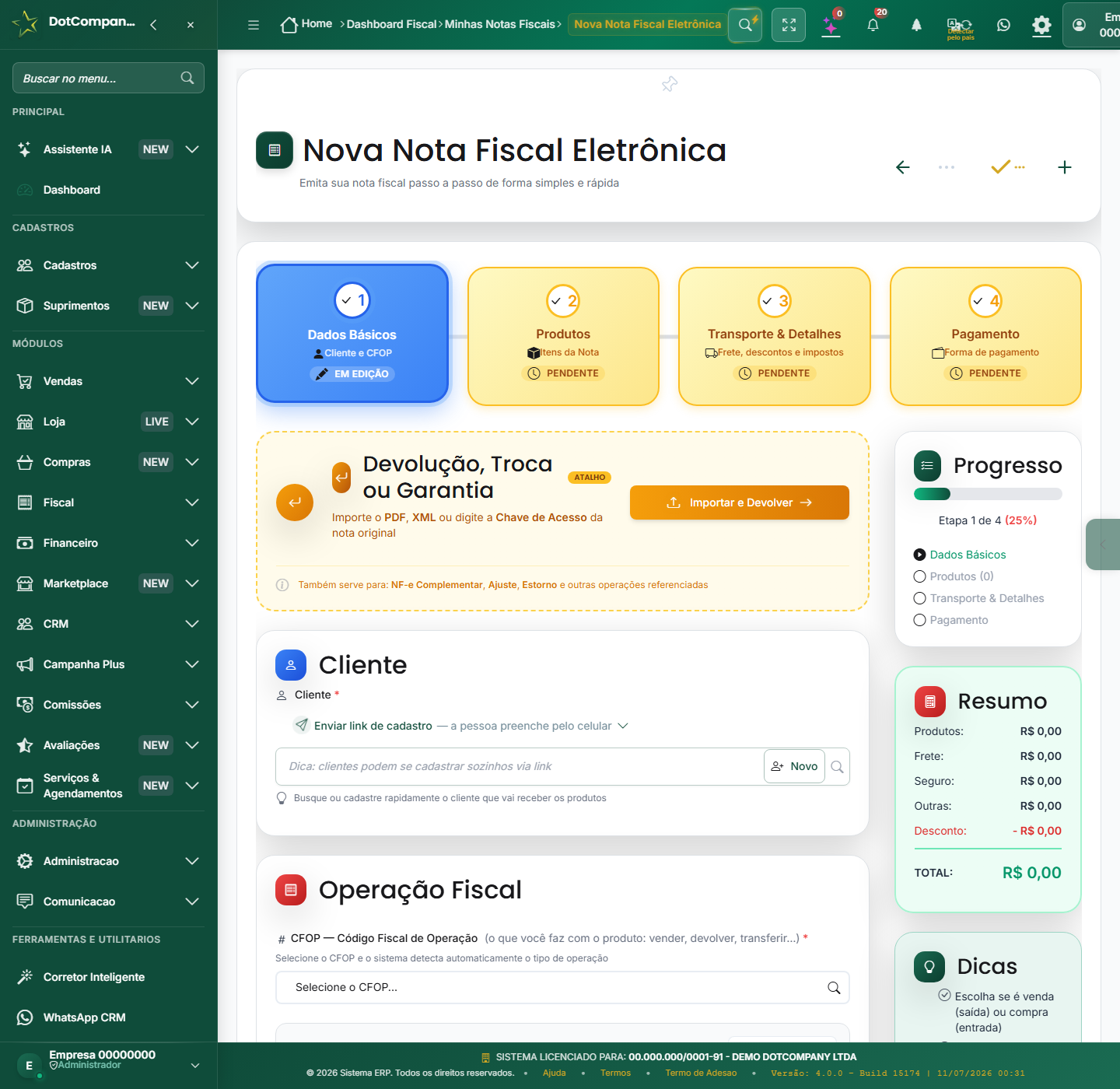 Nova NF-e: assistente de 4 etapas