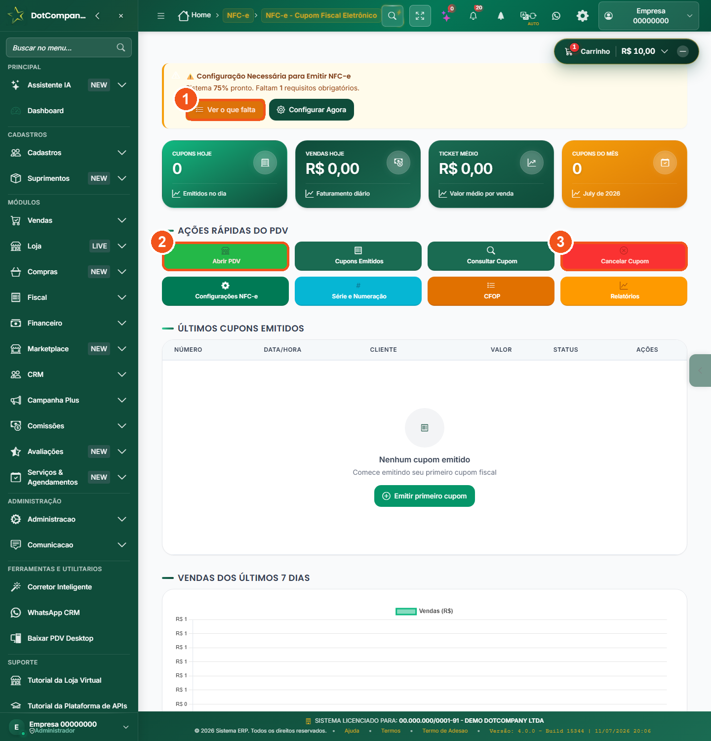Painel NFC-e com acoes rapidas do PDV