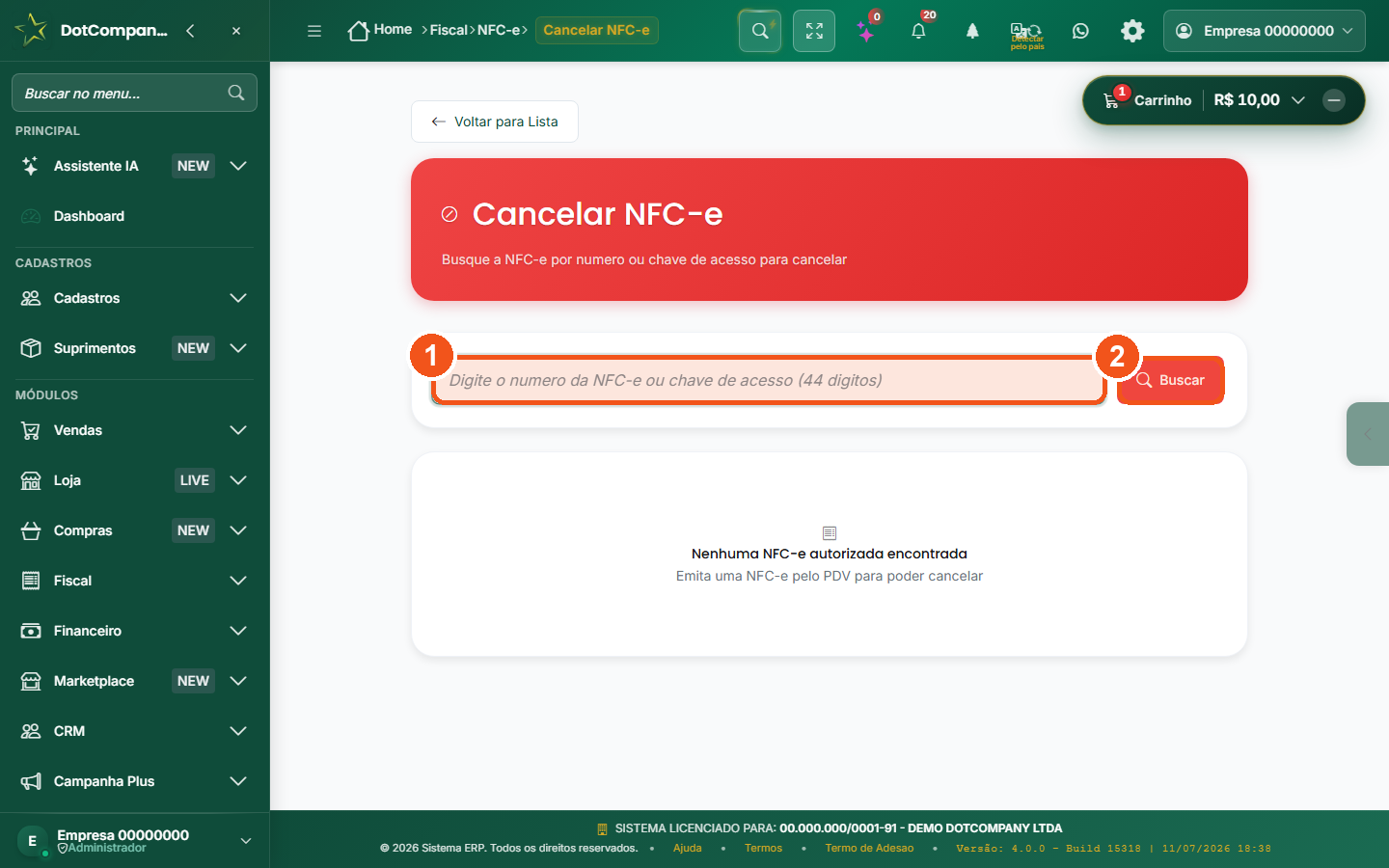 Tela Cancelar NFC-e com busca por numero ou chave