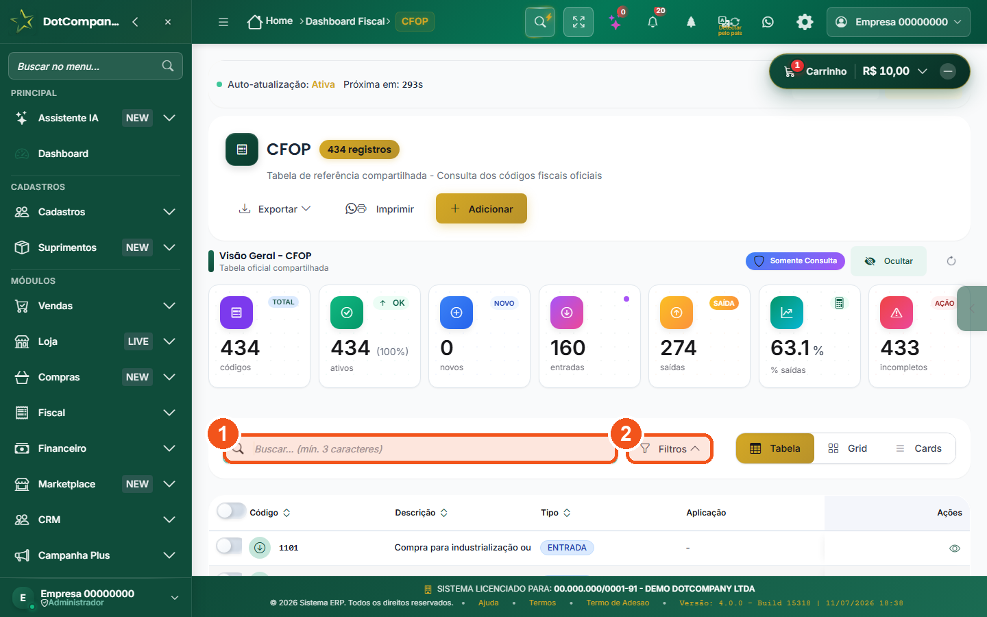 Consulta CFOP com codigos de entrada e saida