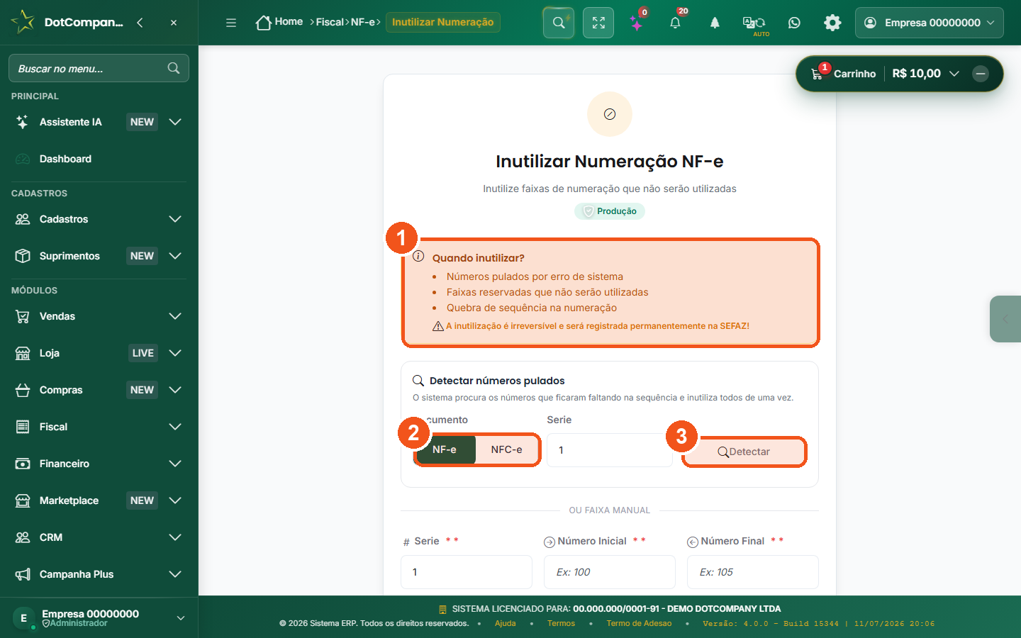Tela Inutilizar Numeracao NF-e com deteccao automatica