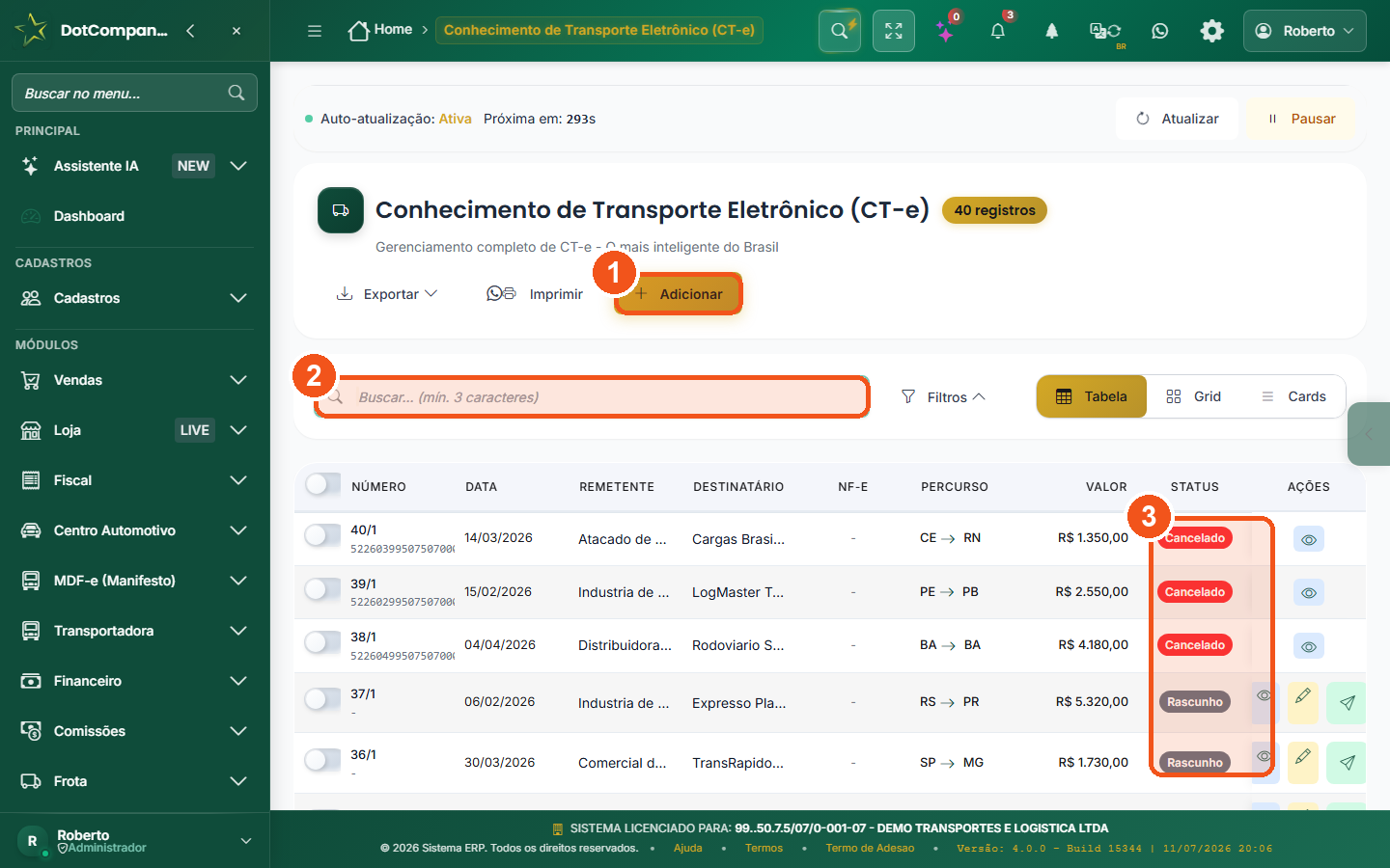 Lista de CT-e com situacao e acoes