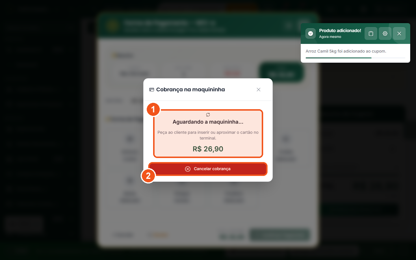 PDV aguardando a maquininha, com o valor da cobranca e o botao Cancelar cobranca