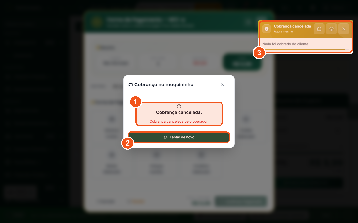 Cobranca cancelada no PDV, com aviso de que nada foi cobrado do cliente e botao Tentar de novo