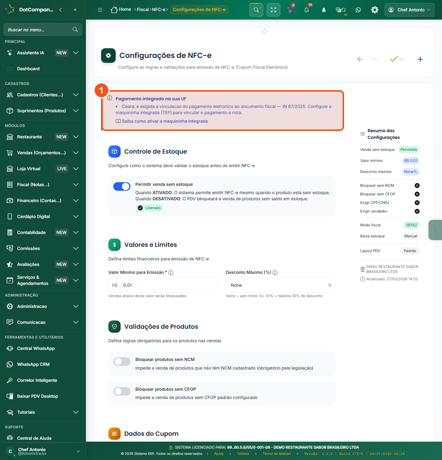 Configuracoes de NFC-e com o aviso Pagamento integrado na sua UF (exemplo do Ceara, IN 87/2025)