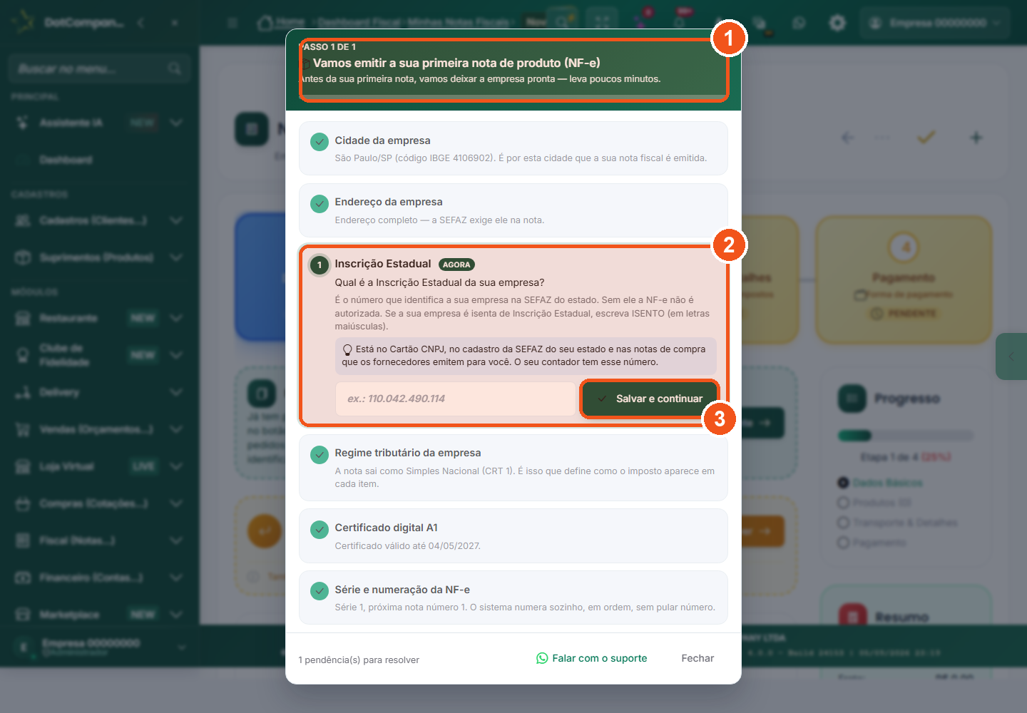 Janela Vamos emitir a sua primeira nota de produto (NF-e), aberta ao entrar na tela da nota, pedindo o dado que falta
