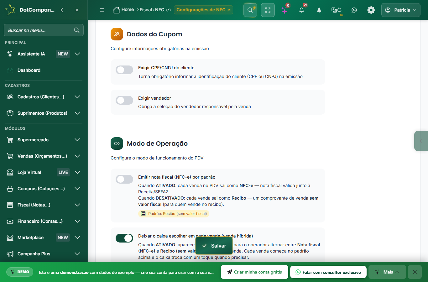 Configuracao do modo de operacao: padrao fiscal ou recibo e o toggle de deixar o caixa escolher