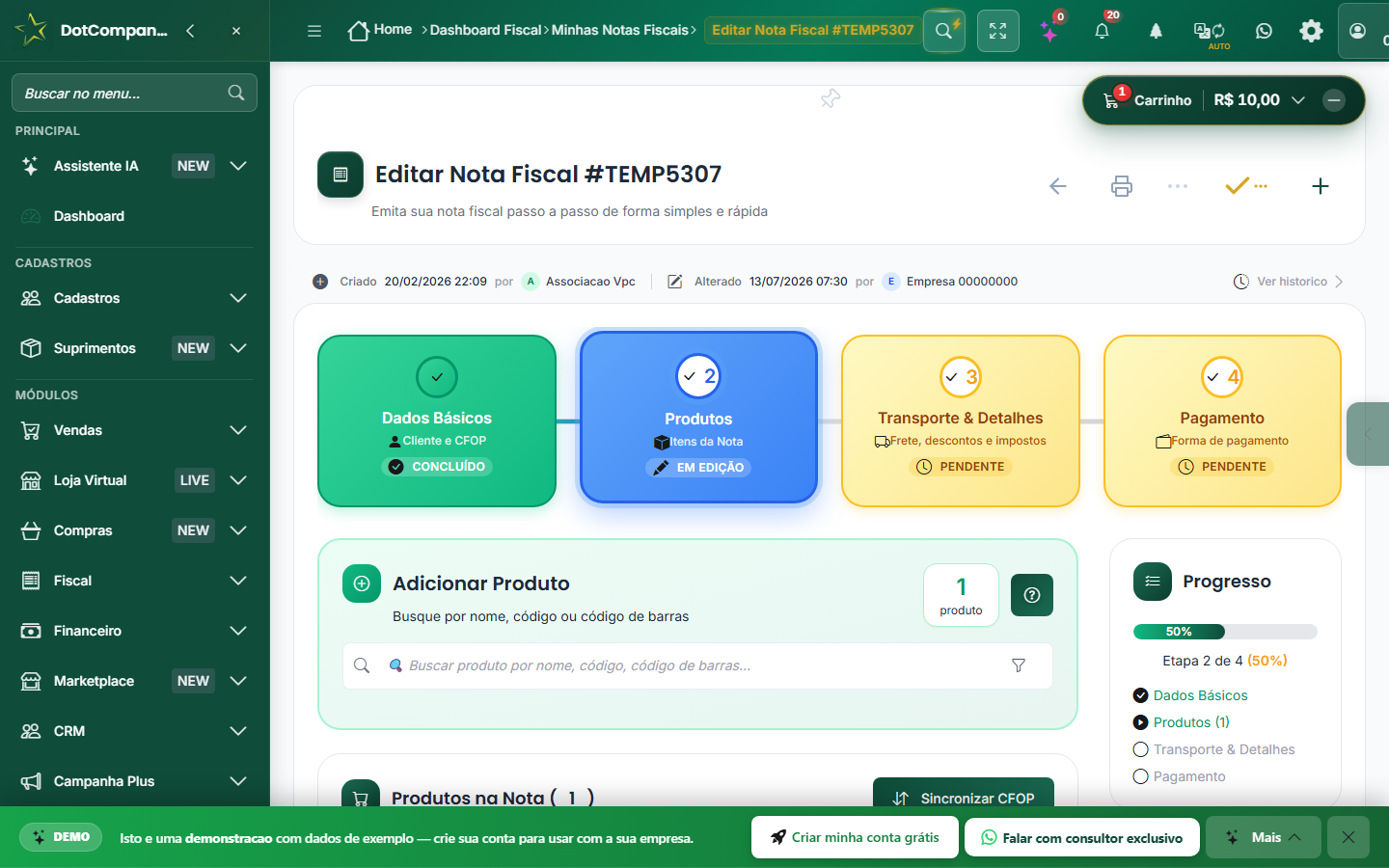 Etapa 2 Produtos da devolução, com os produtos já carregados da nota original