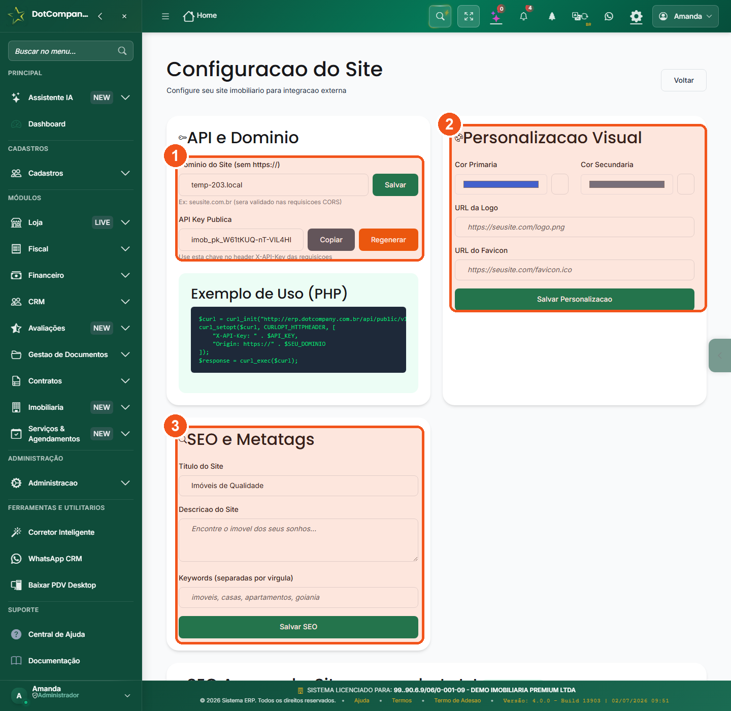 Configuração do site e portais