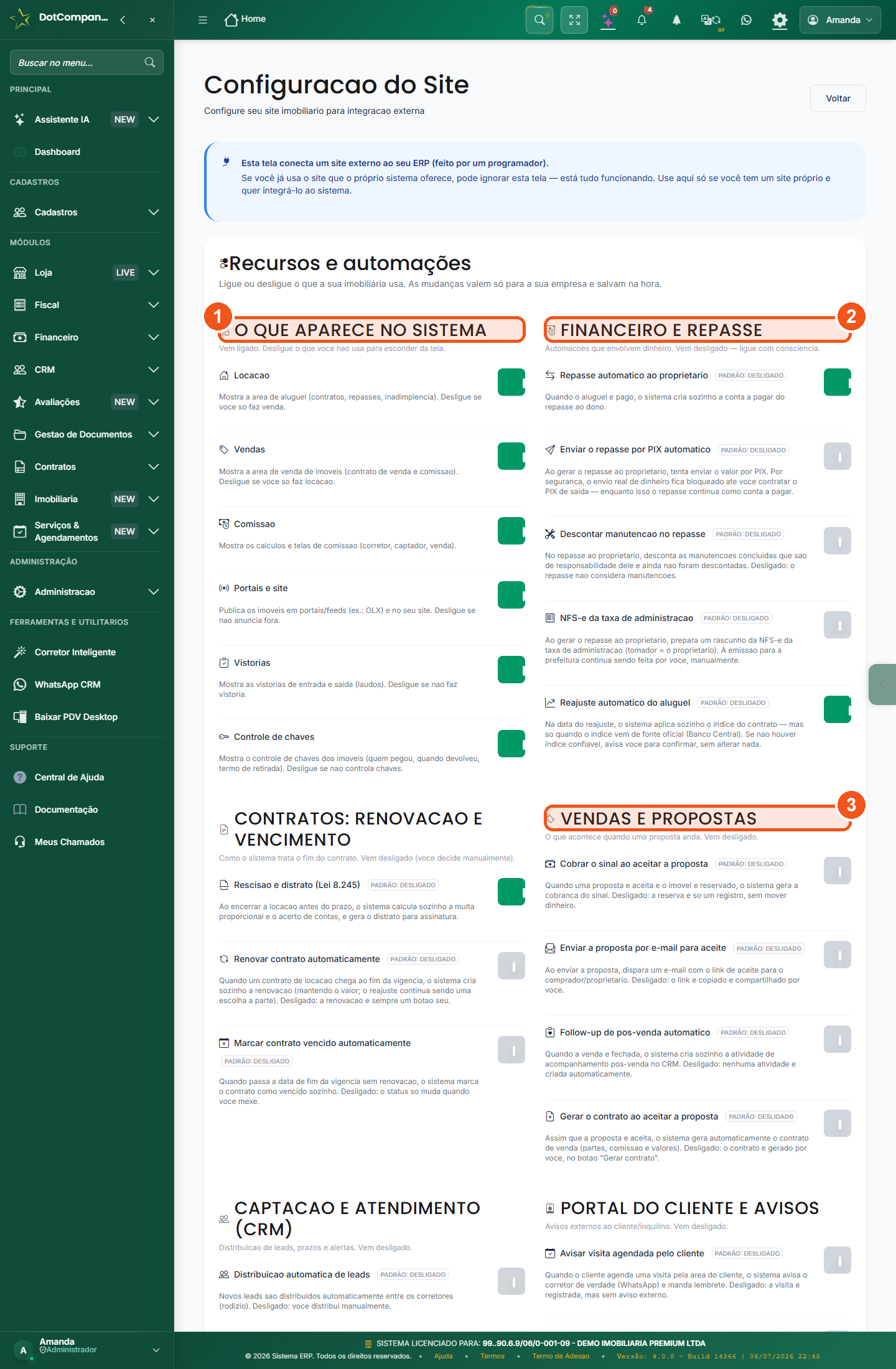 Painel Recursos e automações — liga/desliga por empresa