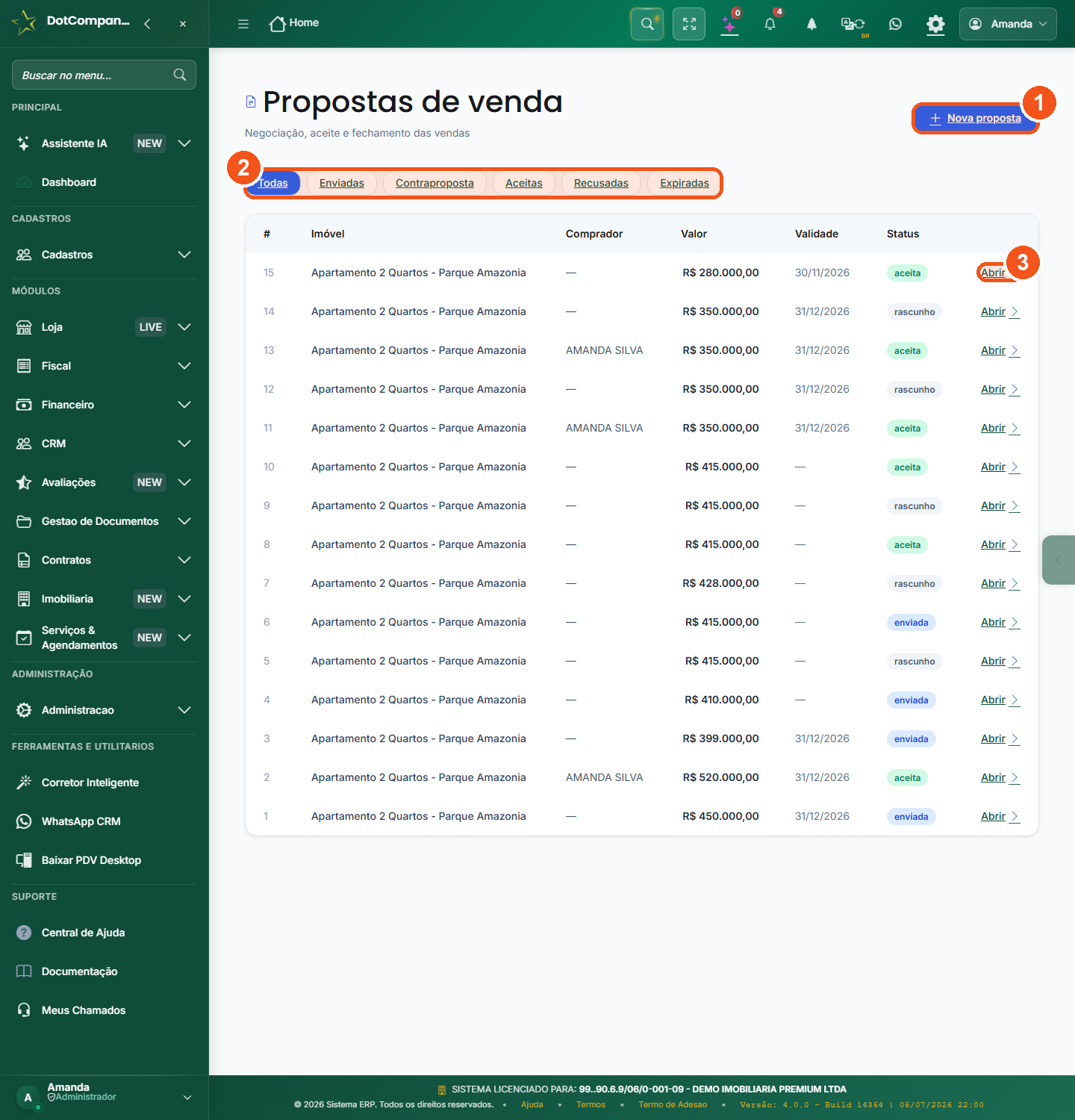 Lista de propostas de venda