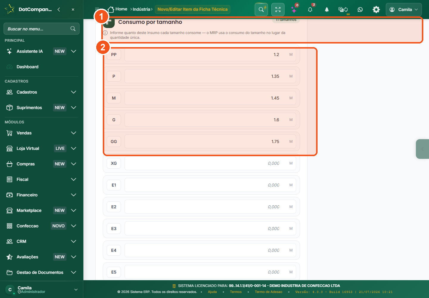 Painel de consumo por tamanho no item da ficha