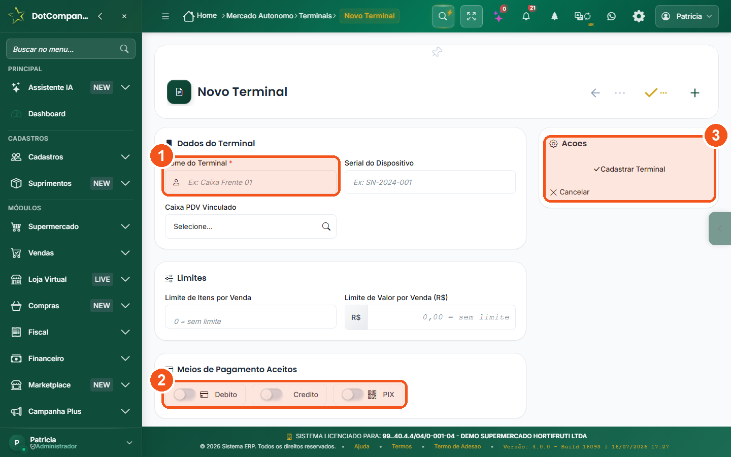 Tela Novo Terminal com o campo Nome do Terminal, as chaves de meios de pagamento e o cartão Ações