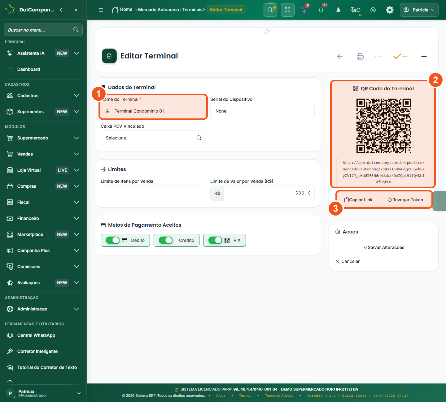 Tela Editar Terminal mostrando o QR Code do Terminal com o link completo e os botões Copiar Link e Revogar Token