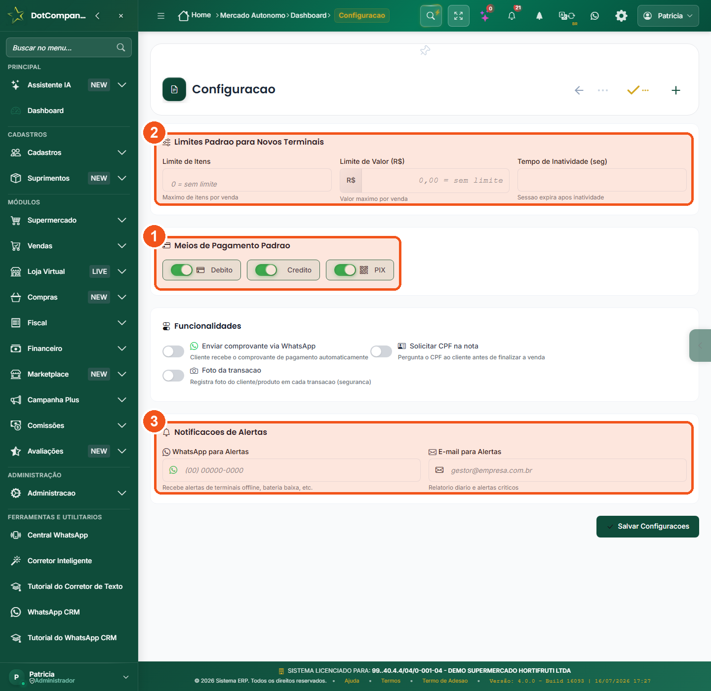 Tela de Configuração do Mercado Autônomo com meios de pagamento padrão, limites e notificações de alertas