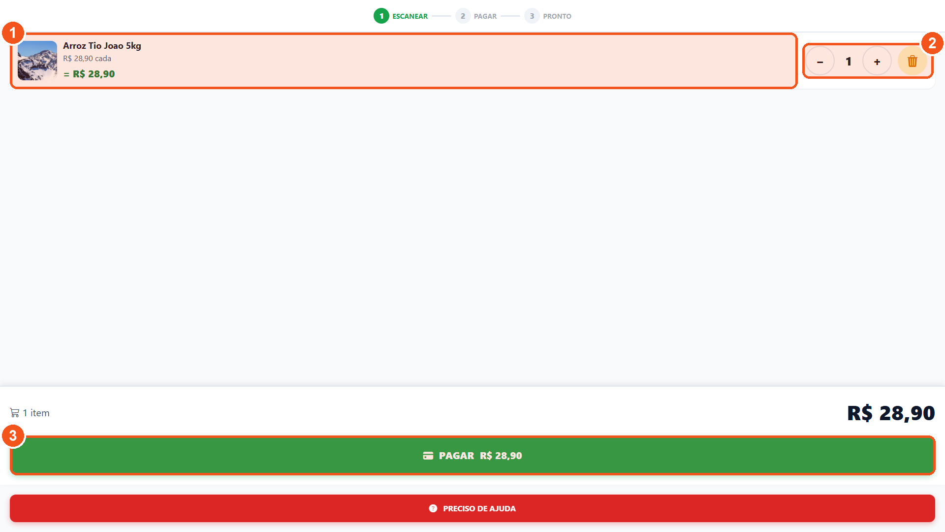 Tela do kiosk com um item no carrinho, controles de quantidade e o botão PAGAR