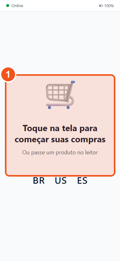 Tela do kiosk adaptada a celular, em pé, com o convite para tocar na tela