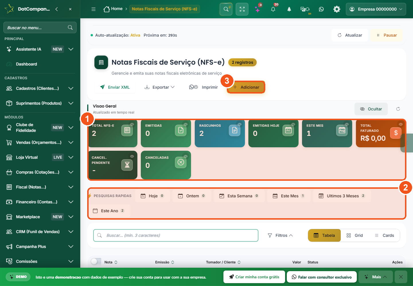 Lista de notas fiscais de servico com cartoes de resumo e acoes