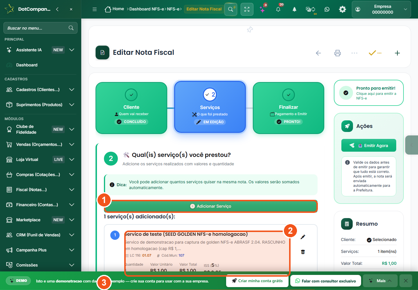 Passo 2 do assistente com um servico adicionado, mostrando LC 116 e ISS