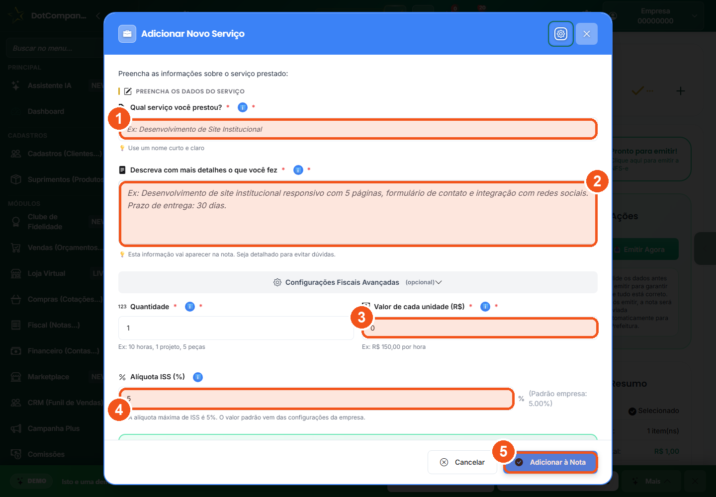 Janela Adicionar Novo Servico com os campos de descricao, quantidade, valor e aliquota do ISS
