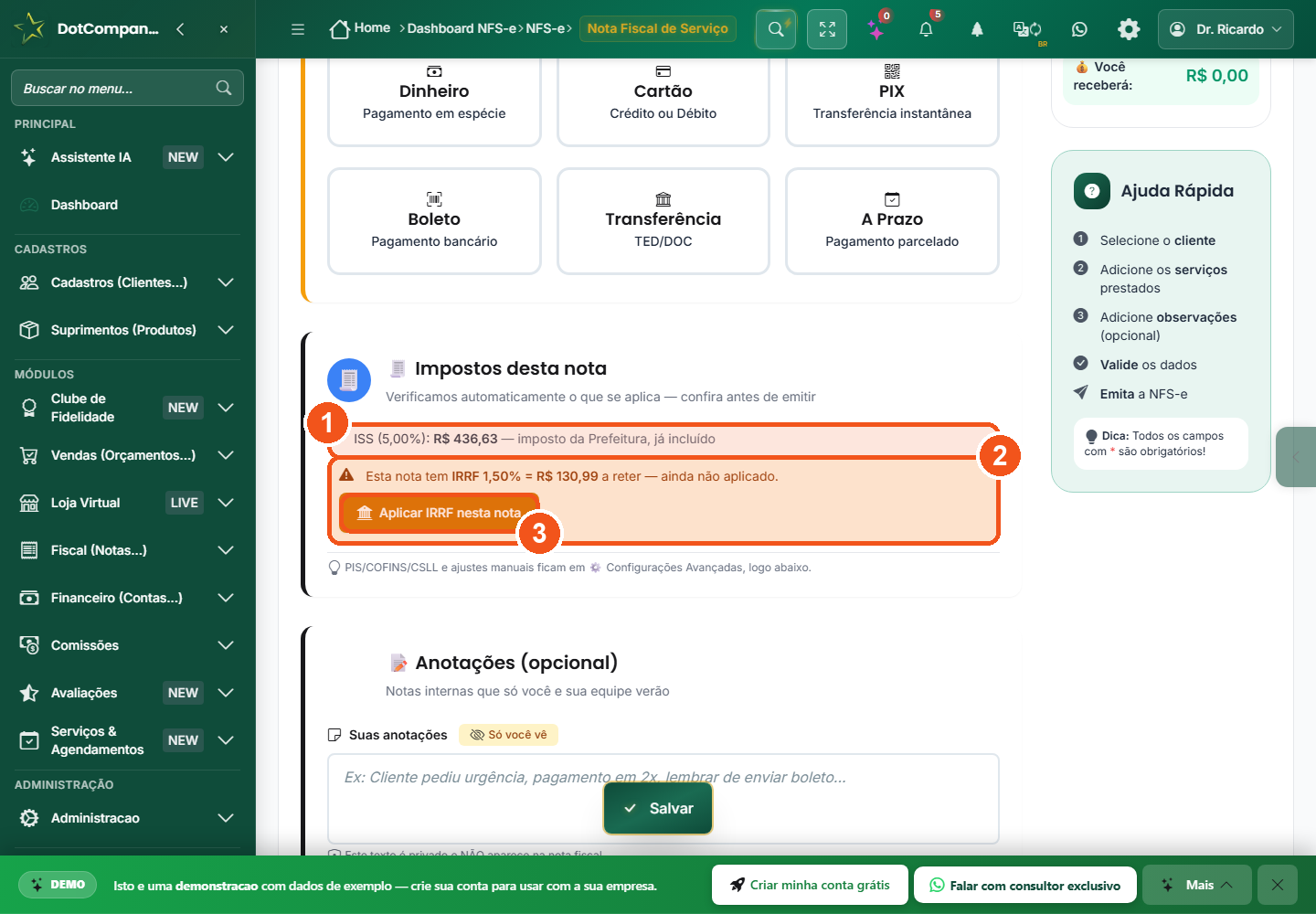 Card Impostos desta nota mostrando ISS e IRRF de 1,5% a reter com botao aplicar