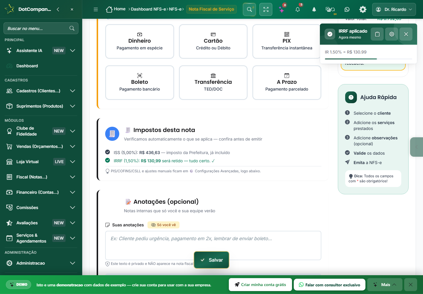 Card mostrando o IRRF ja aplicado com confirmacao verde