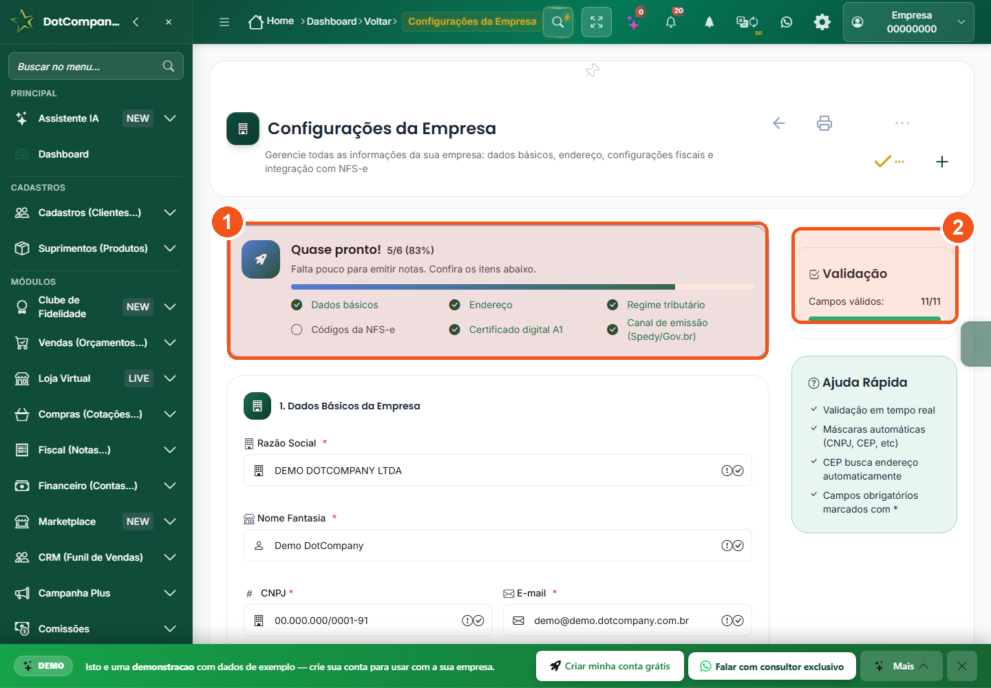 Tela de configuracoes da empresa com o progresso de prontidao para NFS-e