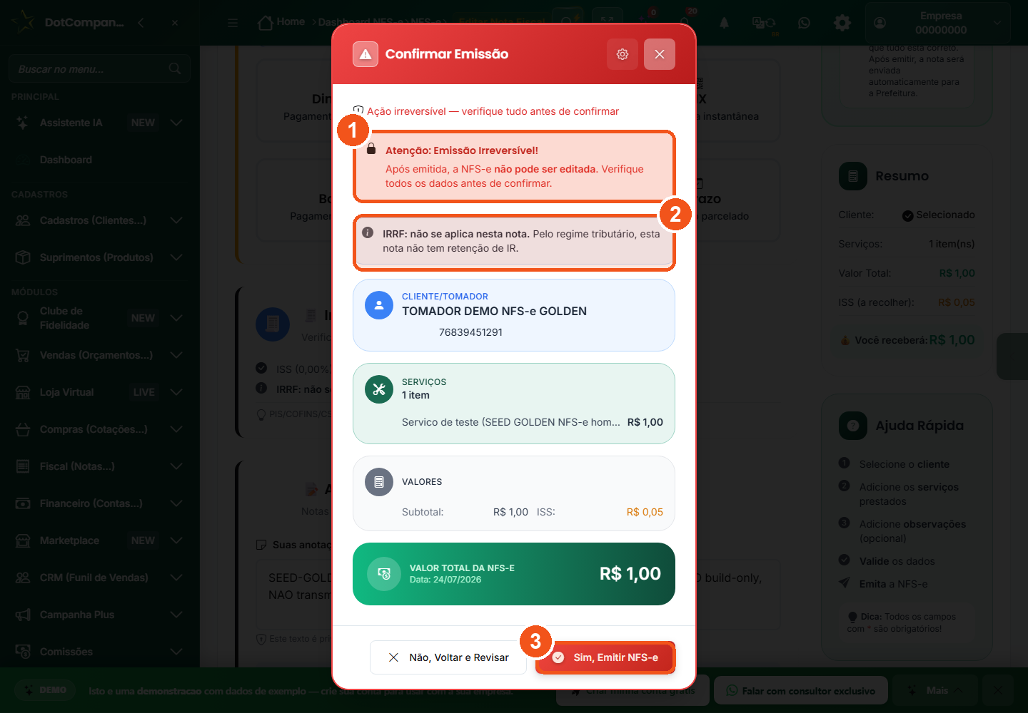 Modal de confirmacao da emissao mostrando aviso irreversivel e resumo