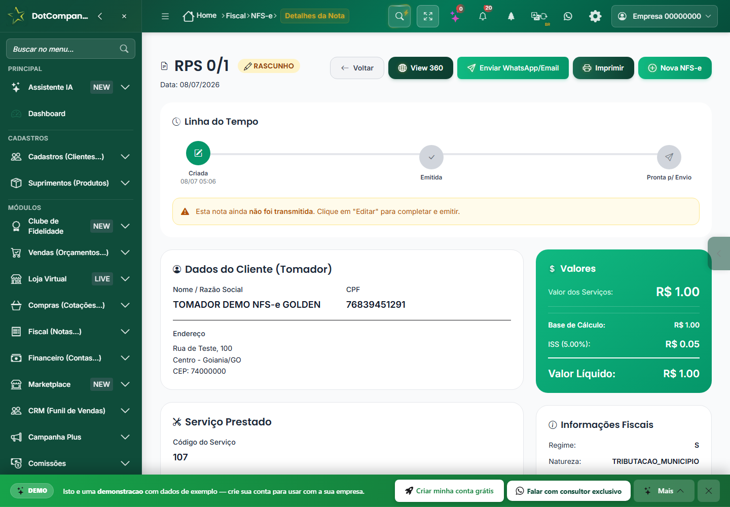 Tela de detalhe de uma nota fiscal de servico