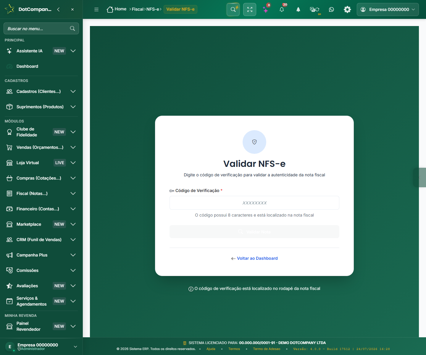 Tela de validacao de NFS-e pedindo o codigo de verificacao