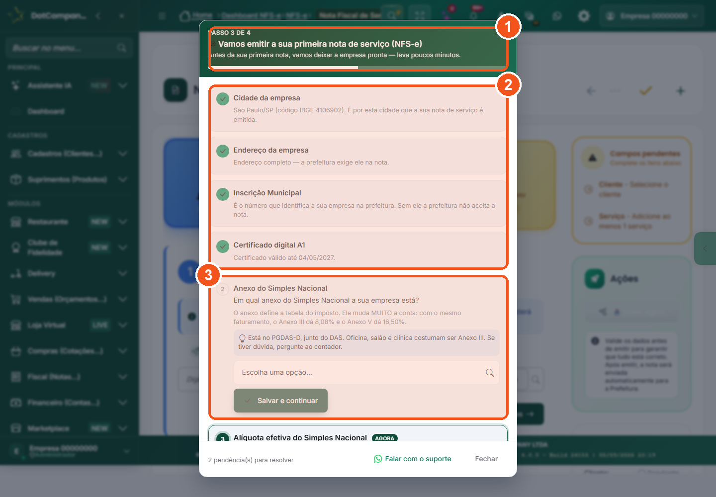 Janela Vamos emitir a sua primeira nota de servico (NFS-e) com a lista de itens da empresa, os ja prontos com check e o passo da vez aberto para preencher