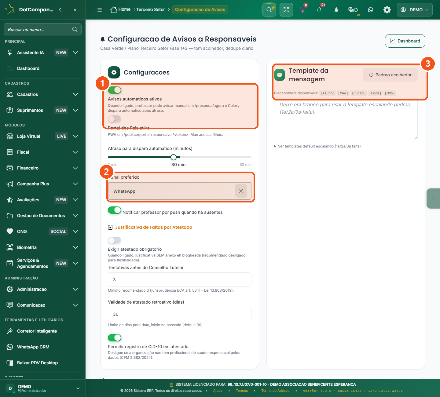 Tela de configuracao de avisos aos responsaveis