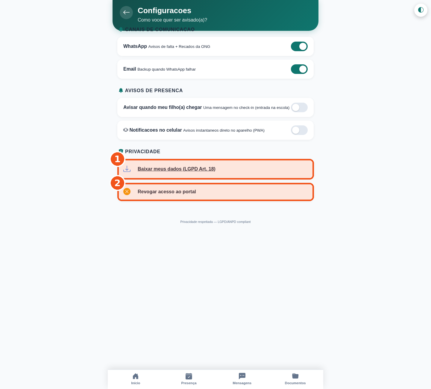 Portal dos Pais — ajustes e privacidade