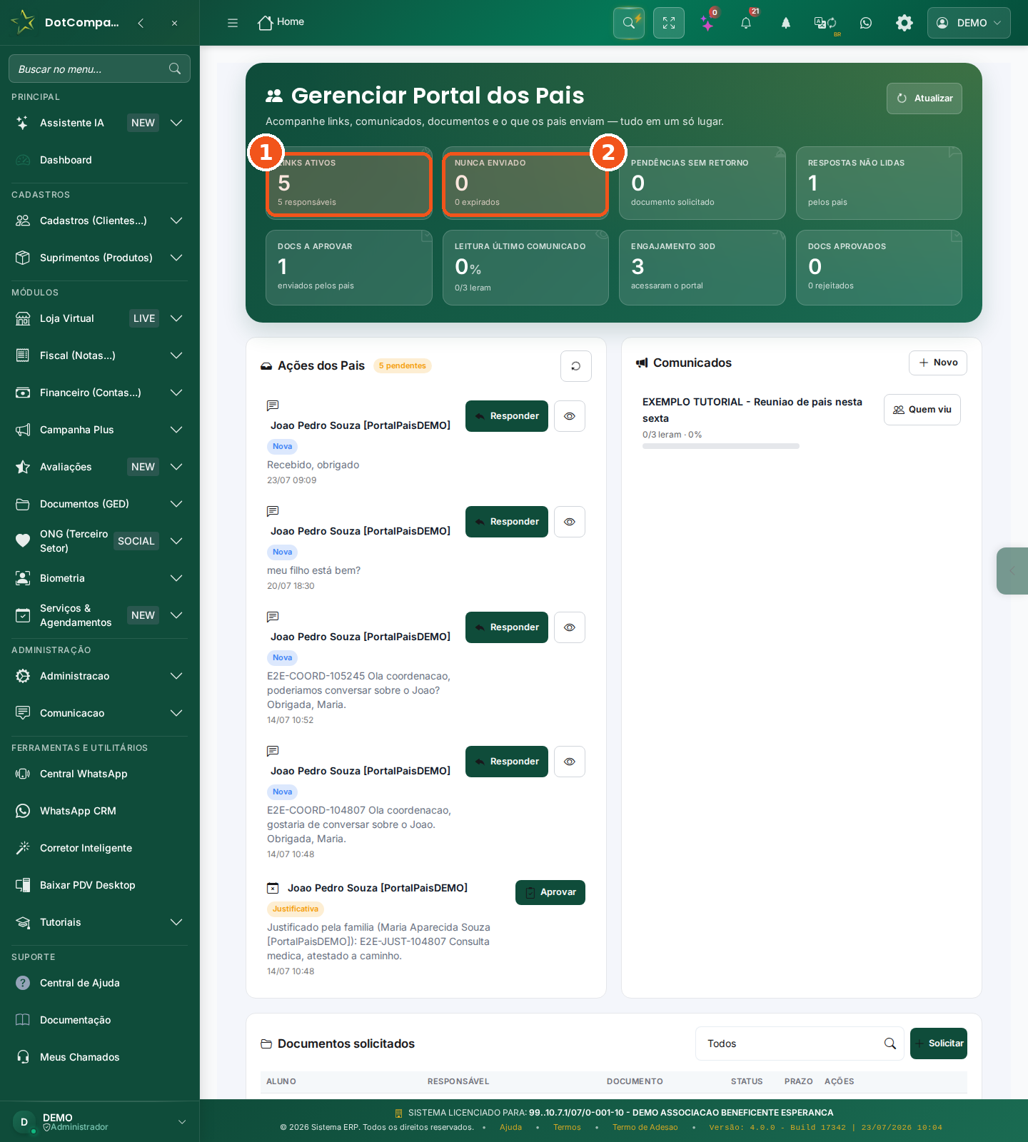 Cartões de status do Portal dos Pais